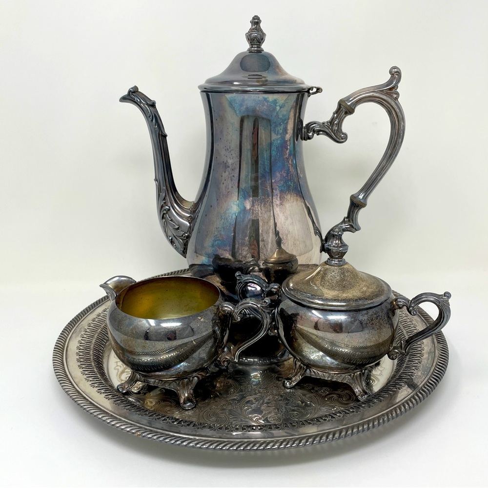 Antique WM Rogers 800 Silver Plate Footed Coffee Tea Pot, Creamer Serving Set